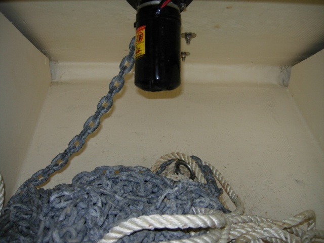 Anchor locker with chain and rode with Lewmar Windless