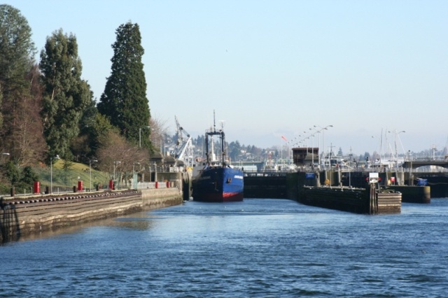 Waiting for outgoing ship to exit large locks