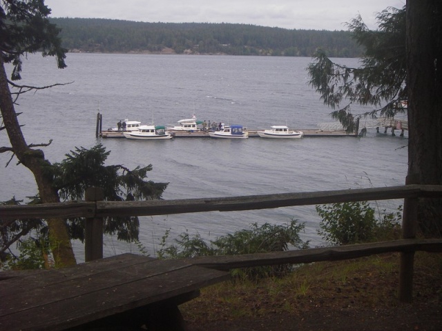 Sequim Bay State Park dock with the C-Dory fleet lined up for 07 CBGT, Sept 29.