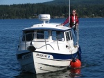 Andi, (and Steve) on Chester, preping for docking at the Sequim Bay State Park dock, for the 08 CBGT.