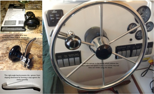 An inexpensive spinner for under $20.
I have one of those oval wheel tubes, and did not want to spend an arm and a leg for a spinner. Here's how it was done with a spinner made for automobiles. The spinner is out of the way, and has improved docking immeasurably.