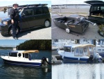 The below left picture (taken by Les) shows our Marinaut 215 with Bimini top only, that is not as aesthetically pleasing as with the full camper back configuration as shown at the bottom right.  The above left picture shows my Scion XB, which has a tremendous storage capacity.  The above right hand picture shows my first boat:  Porta-Bote 10.5' with 4 HP 4S kicker.  While my Scion XB is wonderful in function it lacks, in my opinion, aesthetics.  The Marinaut 215, in my opinion, strikes an excellent balance of function and aesthetics, which is the point I'm trying to make.
