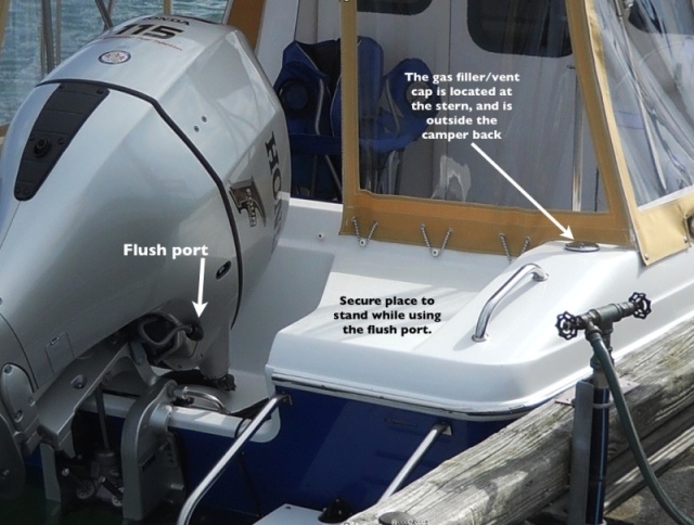 Secure place to stand while using the flush port.  I found it surprisingly easy and convenient to flush the motor. It's as easy as unscrewing the flush port fitting and attaching it to a garden hose. Even at my weight of 250 pounds, the area I stood upon was very solid.  One thing that really makes a difference, too, is Les' placing the combination filler and vent cap downwind and outside of the camper back.
