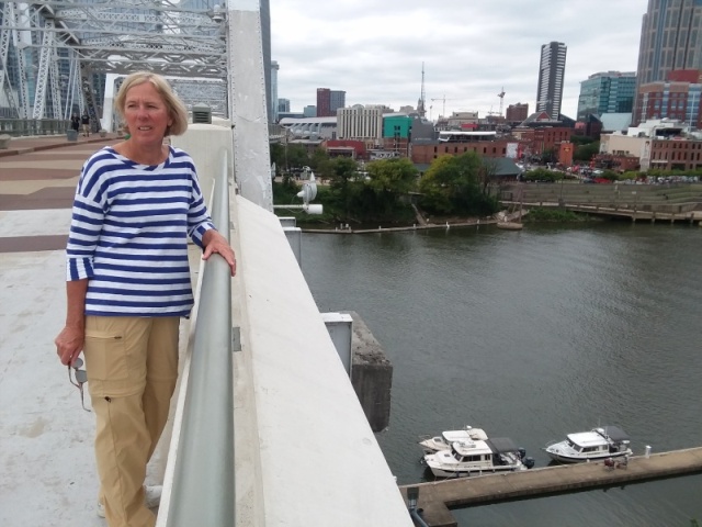 Walkway over Nashville City docks across from the city on the Cumberland/Barkley/Tennessee river Adventure.  Lew on Cat's Claw rafted to Cat O' Mine below, and Thataway behind. 