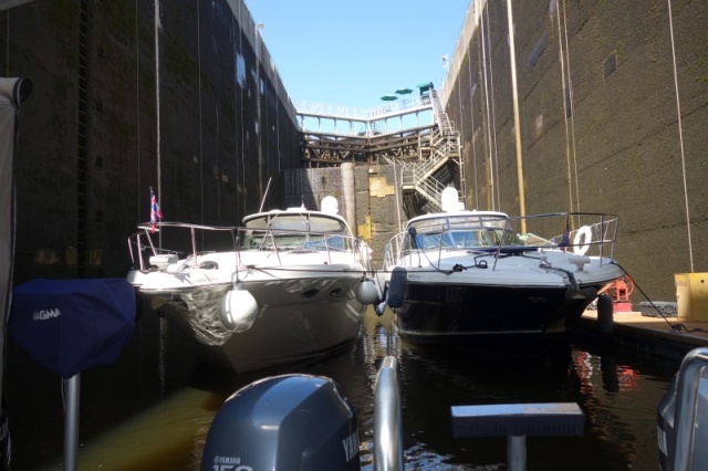 Carillion,  rare lock with floating dock and boats rafted together, massive 200 ton guillotine lower door