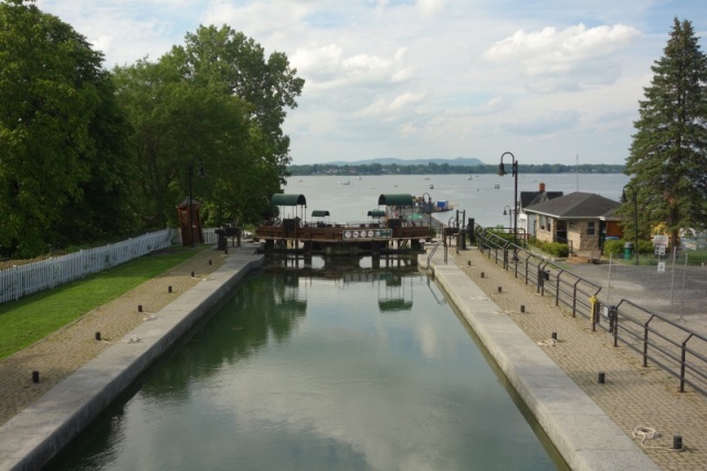 Chambly canal lock 1 bypasses part of the Richlieu river and canal in background.