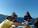 (Dora Jean)
3 rafts 'rafted' together and floating about 1/2 mile out to sea (l-r: Sam, Roger, Pat, Kerry's head/knees)