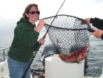 Melinda caught the first fish at Santa Barbara Island, too bad it was a female sheephead, had to go back.