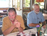 (Pat Anderson) John Schuler (Clara) and Crew Kurt at Floathouse Restaurant Gorge Harbour 9-10-05