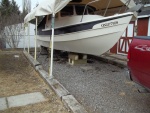 4/9/2011 Blocked boat for bottom/epoxy/ painting, took four hours to do.