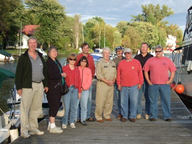 Rick and Carol (Hunky Dory), Becky (Crescent Girl), Nate and Betsy (TBN), Pete, David (Alma's Only), Fred (Inn the Water), Terry (The Last Dance), Ray (Island Trade)at the dock in Brewerton.