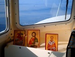 My life insurance aboard Fresh Fish! This is how we Orthodox Christians roll.  In the center is Jesus Christ, to our left is my patron Saint: St. Dimitrios, and to the right is our patron Saint of mariners: St. Nikolaos.