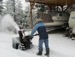 Returning from Seattle gathering, Jan 2011 - clearing snow in front of Grey C'Lune's shelter