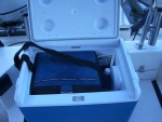 Cooler in Portable Fridge for one or two ppl. Only plug in when engine running or shore power, but extends ice life and easy to take ketchup, mayonnaise, cheese, milk back home in shoulder strap cooler.