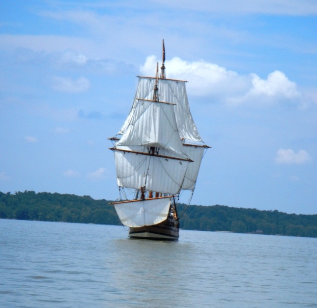 GODSPEED, a Jametown replica ship,underway off of Surry, VA