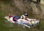 Patty and Baxter on Air Mattress at Cedar Canyon 9-16-09.Sized