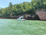 Bill on Mystery Girl enjoying the Meyers Beach Sea Caves Apostle Islands