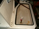 Port side Live well. Drains off the stern. Holds 2 or 3 hundred Spot Shrimp or 4 or 5 limits of Dungeness.