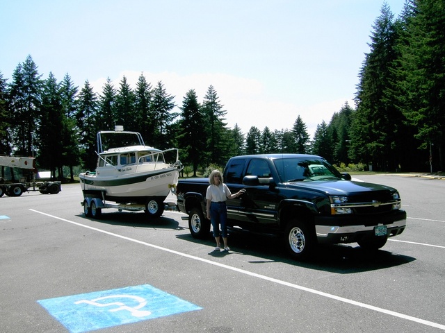 On the road waiting at the ferry landing with the Lynn Marie on her new Pacific King trailer. 