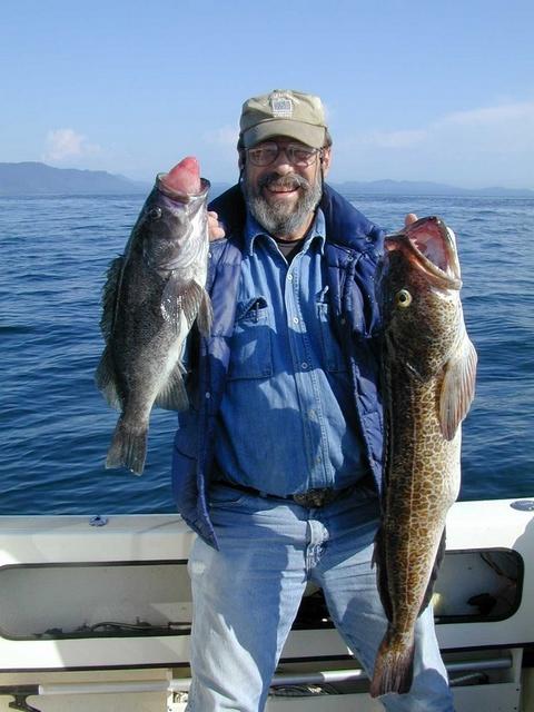 (Mason C. Bailey) Jim with nice Ling Cod and Black Sea Bass, May, 17th, 2004, Neah Bay.
