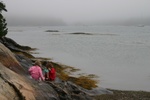 View from Horseshoe Cove, ME in August 2004.  Grace and Claire inspect the tidal pools.