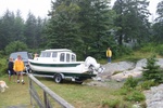 Launching the Otter on unimproved home launch site on Horseshoe Cove, Brooksville, ME