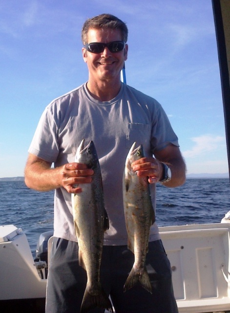 Hatchery Coho and Pink off the Edmonds breakwater.  Coho @ 51` on pink mini hootchie.  8/1/15