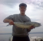 Jeff Head blackmouth, coyote spoon, 100 feet of water.  Lost a hot coho at the surface, 10+ lbs and another big fish before dusk, couldn't tell species of salmon.