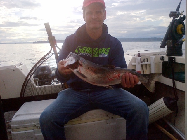 Silver caught @ Jeff Head 10/18/14, 65' down with a white hootchie.  Tough day, strong tides causing lots of tangles.  Bigger fish hit 105' down while trolling over to Richmond beach but broke the line.