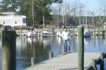 Sea Baby in ice at Point Marina in Whortonsville, NC.  That's The Captain standing on the dock across Coffee Creek.  Note:  Ice is only 1/2