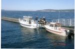 On the dock at Sequim: Joe, Jon and Fred. In the water, R-MATEY & LITTLE BUDDY.