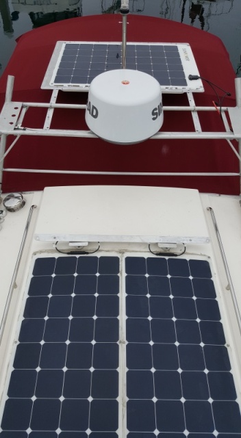 Just added another 170 watt lightweight Sunpower solar panel that is easily removable so when we are anchored out in Baja we will have almost 400 watts (almost 30 amps midday) of power to run the watermaker, fridge and freezer. We have 2 gp. 31 house batterys. So different than when we started cruising over 40 years ago!