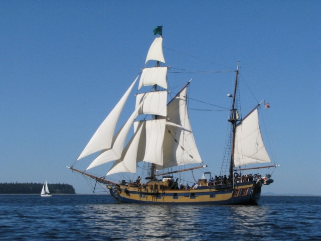 Lady Washington doing tall ship rides out of John Wayne Marina around in Sequim Bay.  Came down to and across from the State Park dock.