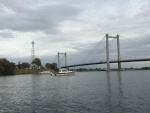 Waiting for the gas dock at Port of Kennewick. Neat highway bridge in background.