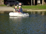 Tom and Joyce dinghy ashore, in silence,with the Torqeedo