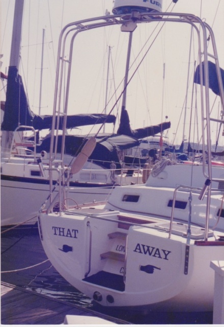 The results of the major surgery--add small swim step, stair, better organized storage, and Radar Arch, and the RIB is winched aboard over the SS bar between the legs of the arch.