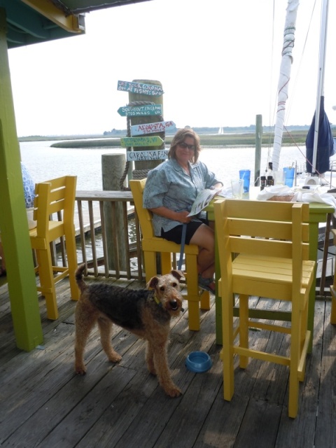 Marcia and Boomer at Fishy Fishy Cafe in Southport, NC.  Probably the only restaurant in the South without hushpuppies.