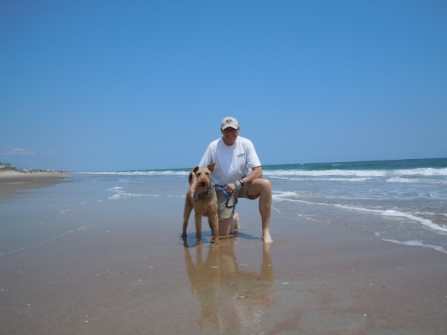Nick and Boomer on the beach.  Surf City, NC.