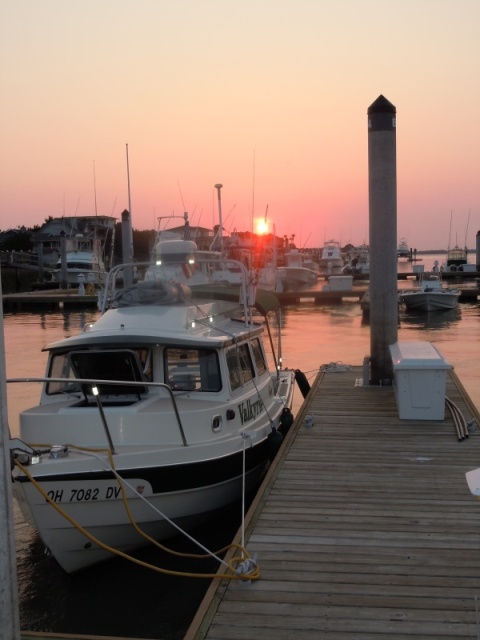 Sunset. Edisto Island, NC.  Note reflective tape on portions of the boat.  Intent is to make Valkryie easier to find in an anchorage or if a tow is needed on a dark and stormy night.