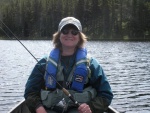 Marcia geared up for some trout fishing from our canoe on Sibley Lake, Big Horn NF, WY