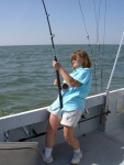 Marcia battling a big blue off-shore / SC.  Sorry, we're not on a C-Dory!