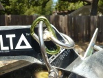 Safety Trailering clasp closeup. Second shackle can be moved up to the top to secure around the swivel for overnighting.