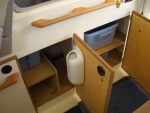 Galley cabinet storage shelves.