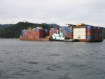 Tug and barge waiting for slack at Seymour Narrows, BC