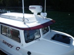 Cabin top electronics array, VHF x 2, AIS, AM/FM, Hailer/Fog horn, GPS on brow, RayMarine radar on a Scan Strut Powder coated Aluminum tower and running light base.