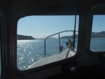 The Golden Gate Bridge on the horizon from inside the Sun Runner