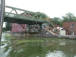 Town lift bridge in up position.  Here, the train tracks were just to the north of the canal, so when a train was going by there was quite a traffic jam.  Lots of tourists in town and one of the things to do way take pictures of the boats going under the bridge.