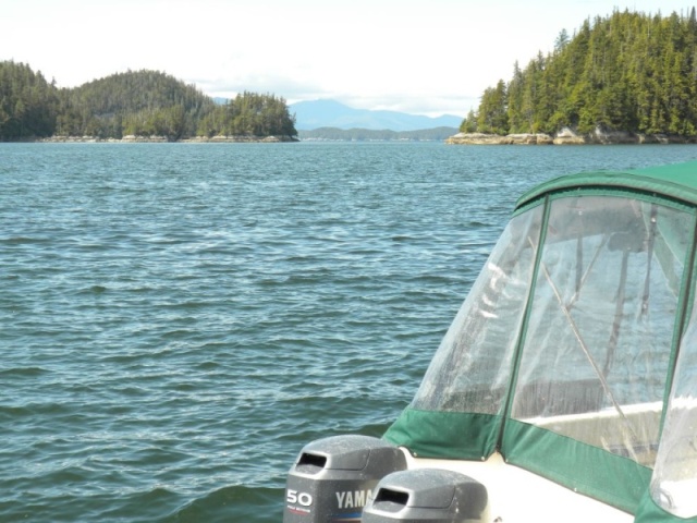 Inside Passage 2011 - View from Duncanby fuel dock.  Boat, canvas and motors all covered with salt spray from rounding Cape Caution.