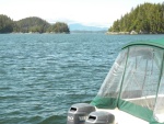 Inside Passage 2011 - View from Duncanby fuel dock.  Boat, canvas and motors all covered with salt spray from rounding Cape Caution.