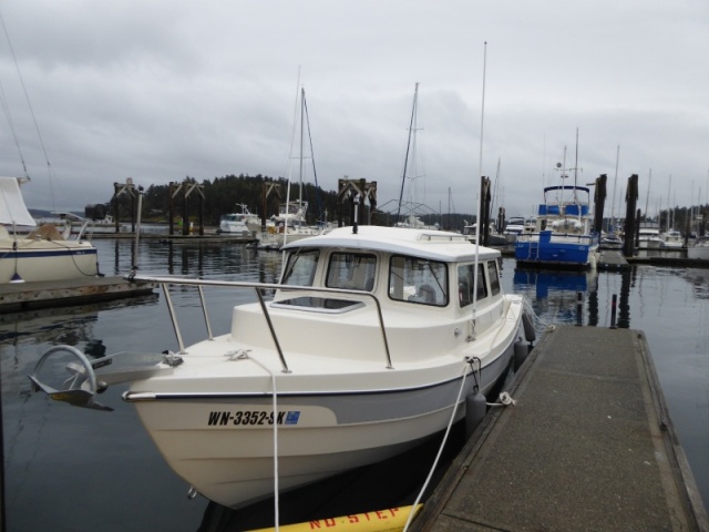 Here in slip H-27. Friday Harbor is a good spot for weekend projects, with shorepower for the tools, an Ace Hardware and West Marine up town in case supplies are needed.